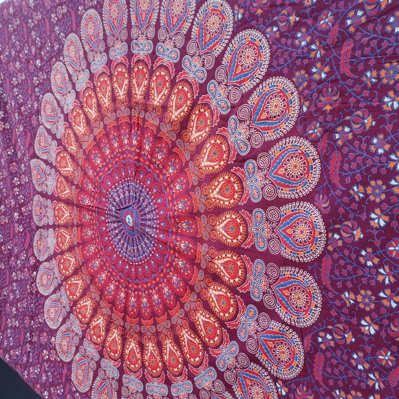 Maroon Peacock Feather Mandala Tapestry Art - Picture 4 of 5